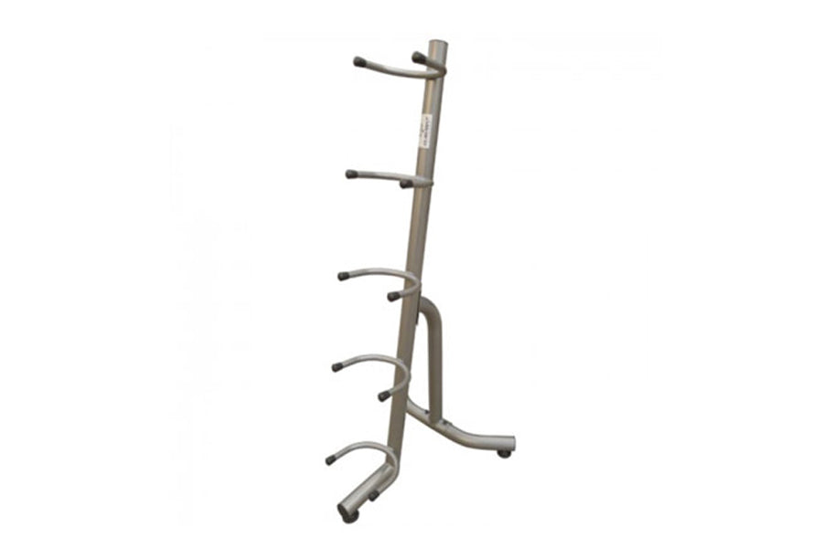 Warrior Commercial Medicine Ball Rack 5 with gray metal frame and five curved hooks on white background