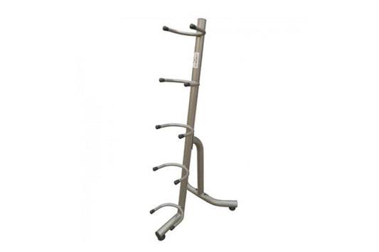 Warrior Commercial Medicine Ball Rack 5 with gray metal frame and five curved hooks on white background