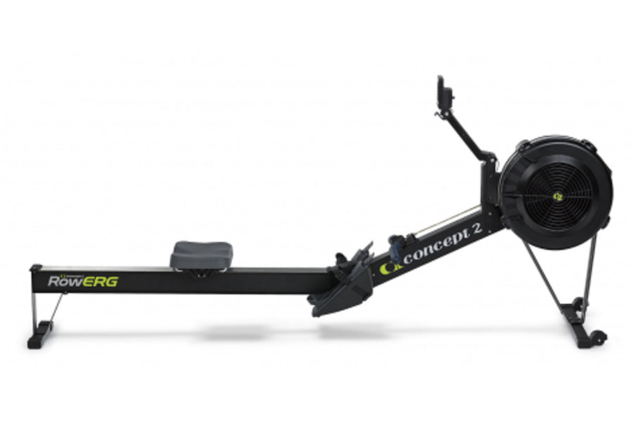 Concept2 RowErg indoor rowing machine with black frame, seat, and flywheel on white background