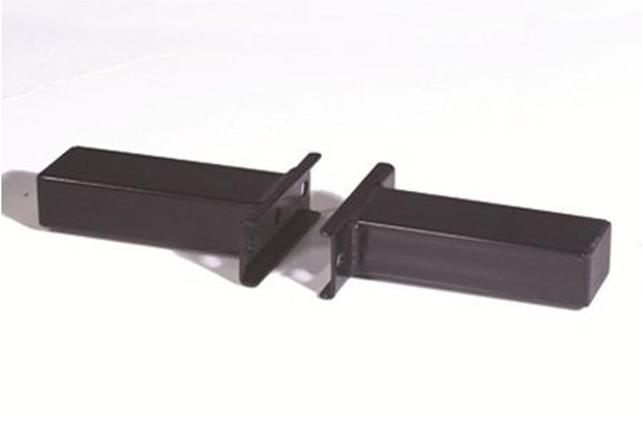 Black metal cross bars for utility bench with connector bracket on white background