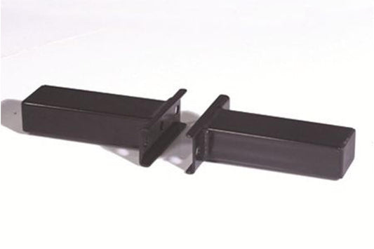 Black metal cross bars for utility bench with connector bracket on white background