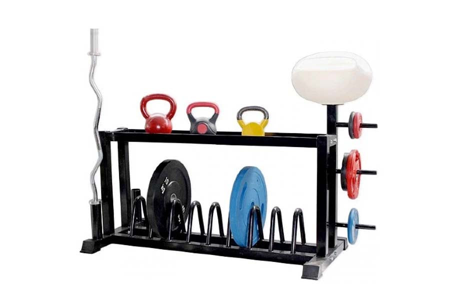 Black metal weight storage rack with kettlebells, weight plates, barbell bar, and resistance ball on white background