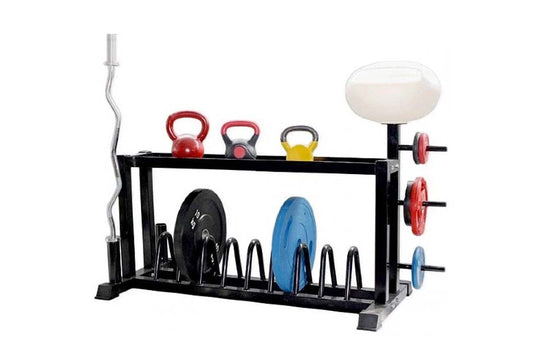 Black metal weight storage rack with kettlebells, weight plates, barbell bar, and resistance ball on white background