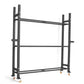 Black metal storage racking system with three horizontal shelves, adjustable uprights with bolt holes, and orange locking cas