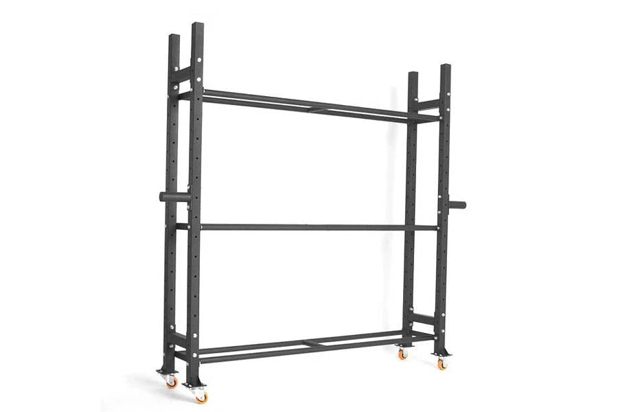 Black metal storage racking system with three horizontal shelves, adjustable uprights with bolt holes, and orange locking cas