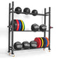 Black steel three-tier weight storage rack with medicine balls, weight plates in red, blue, yellow, and orange, and dumbbells