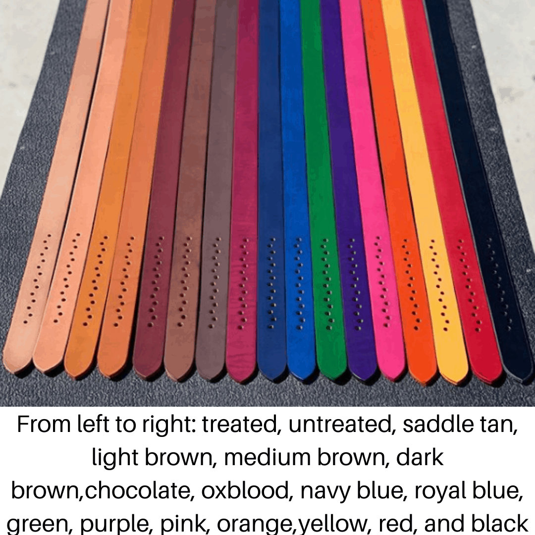 Leather belts in 18 colors ranging from peach and tan to navy, green, purple, pink, orange, yellow, red and black, with perfo