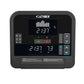Cybex R Series exercise machine console with digital display showing RPM and MPH metrics, play and stop buttons, and navigati