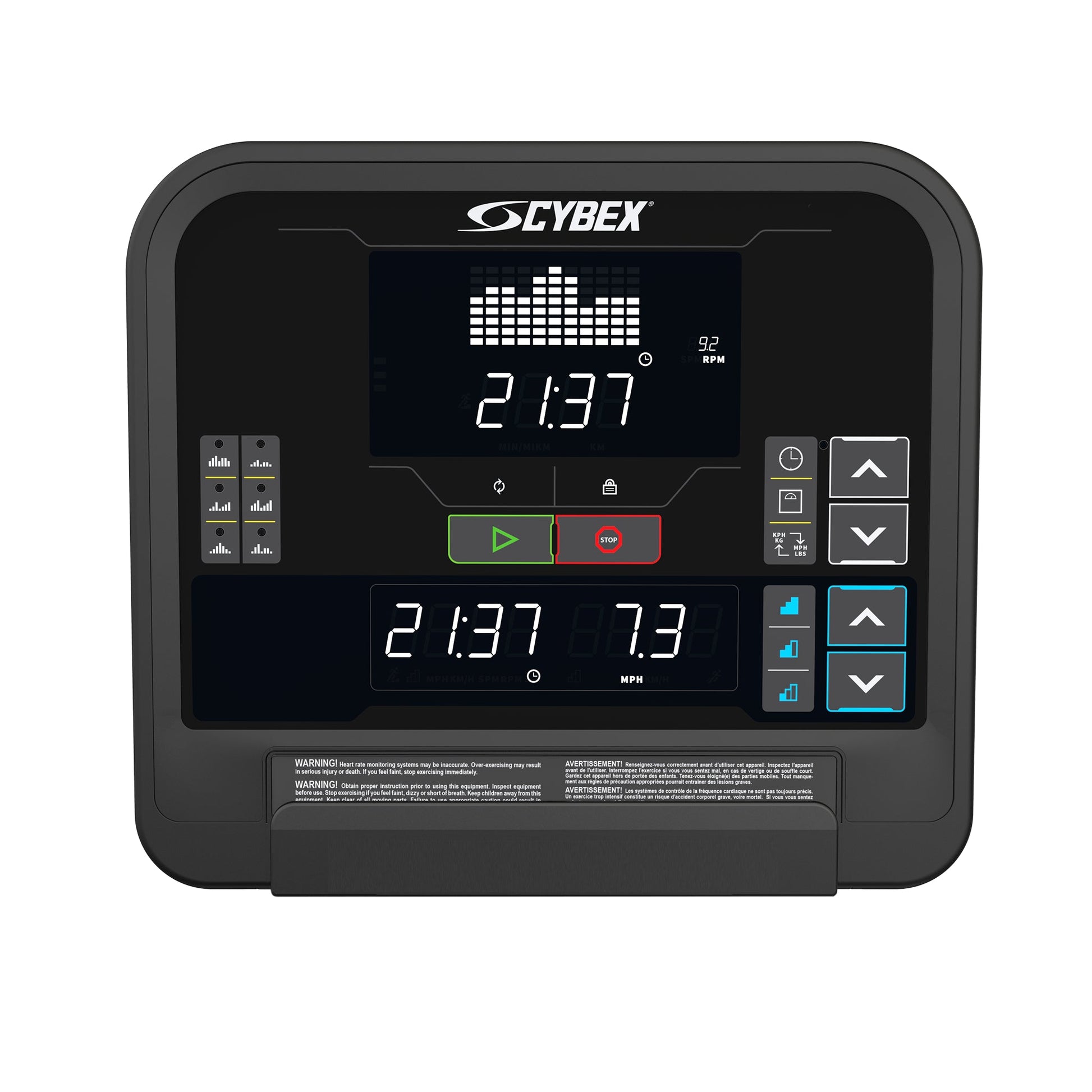 Cybex R Series exercise machine console with digital display showing RPM and MPH metrics, play and stop buttons, and navigati