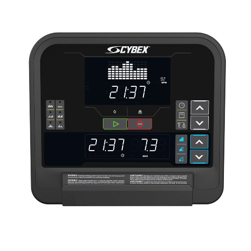 Cybex R Series Total Body Arc Trainer console with digital display showing time and metrics, black face with white text and i