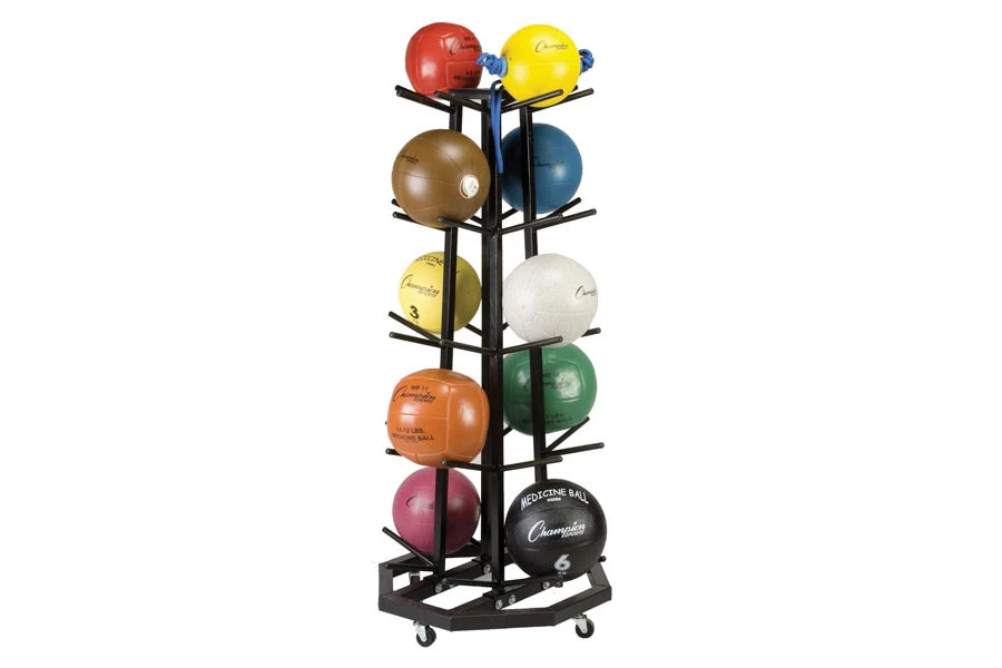 Warrior Deluxe Medicine Ball Rack with black frame holding eight colored medicine balls on white background
