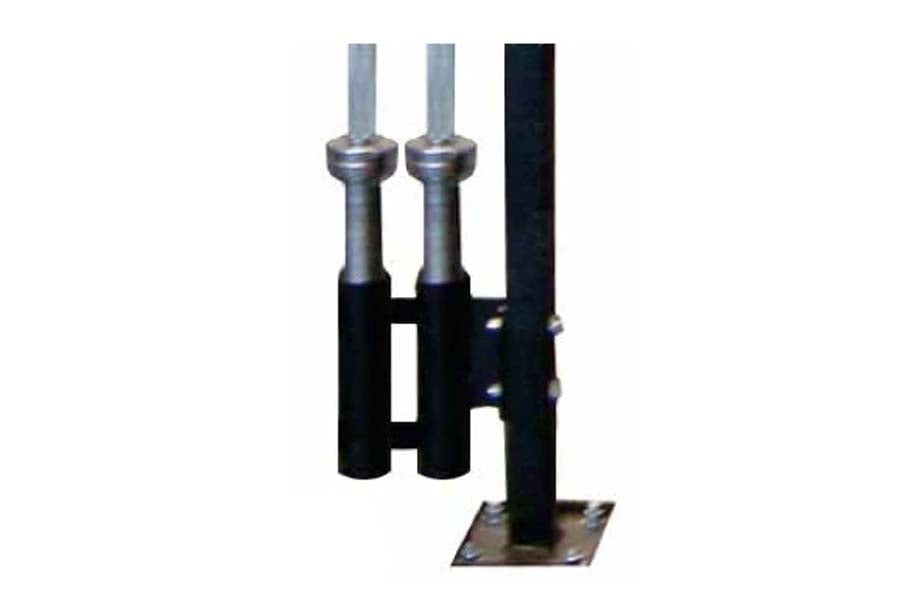 Warrior double barrel barbell holder rack attachment with two silver metal sleeves and black cylindrical base on white backgr