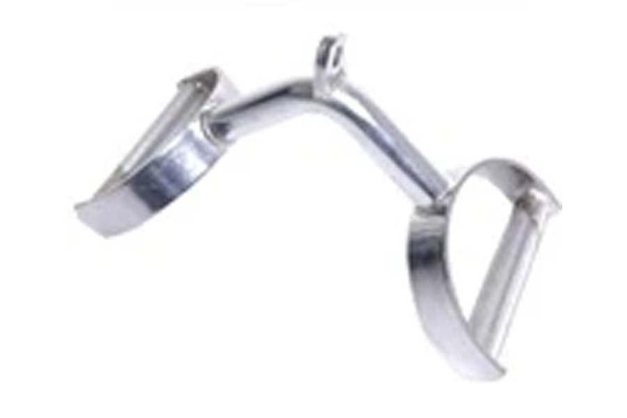 Warrior Double Stirrup Bar with silver metal construction and curved design on white background