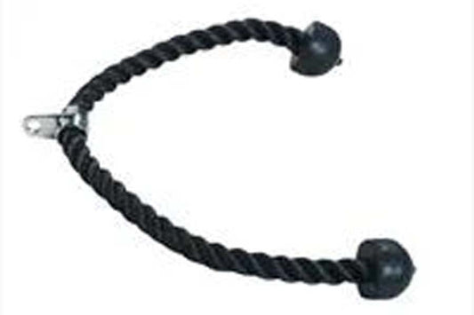 Black twisted rope tricep attachment with metal carabiner and dual rubber ball handles on white background