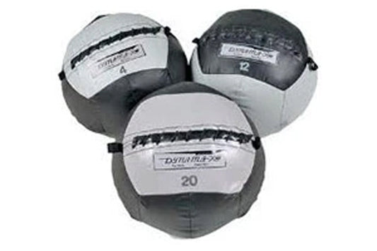 Three Dynamax medicine balls in gray and black, numbered 4, 12, and 20 pounds, displayed on white background