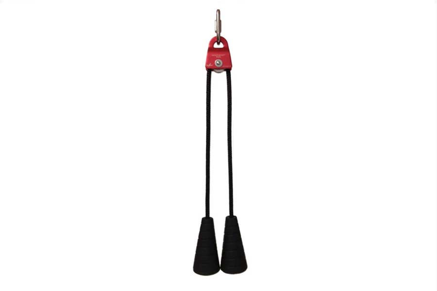 Red and black tricep rope attachment with dual black cone-shaped handles and metal carabiner hook on white background