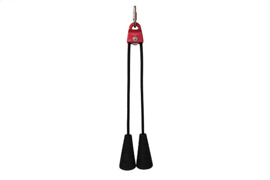 Red and black tricep rope attachment with dual black cone-shaped handles and metal carabiner hook on white background