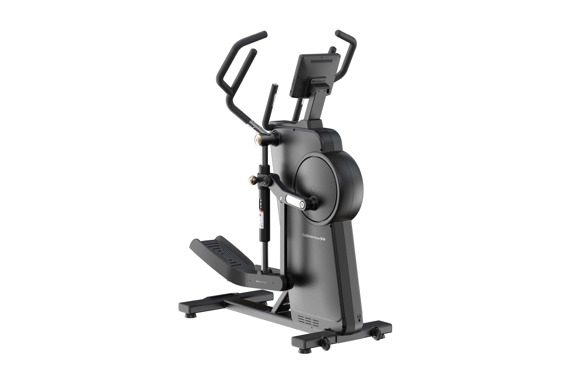 Black and gray upright elliptical trainer with digital display, dual handles, and foot pedals on white background