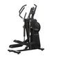 Black elliptical trainer with dual handles, digital display console, and wide foot pedals on white background