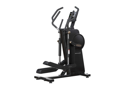 Black elliptical trainer with dual handles, digital display console, and wide foot pedals on white background