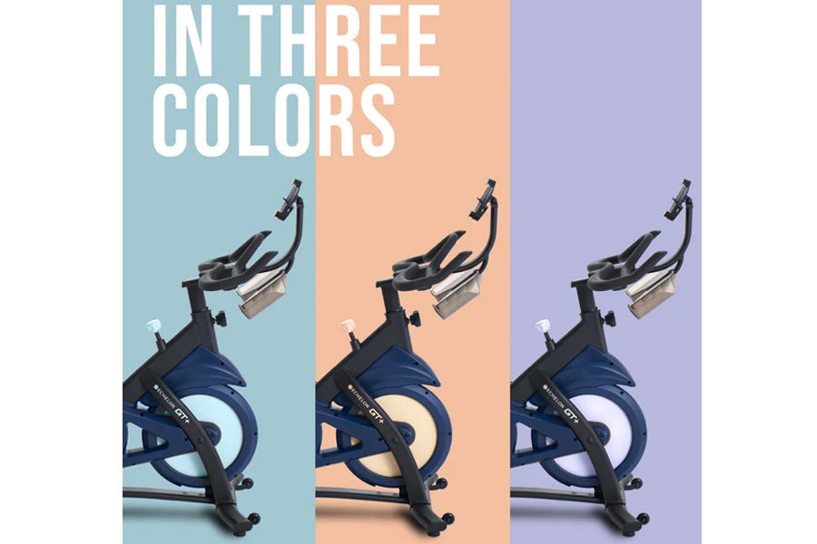 Echelon GT+ Connect stationary bike displayed in three color variations against blue, peach, and lavender backgrounds