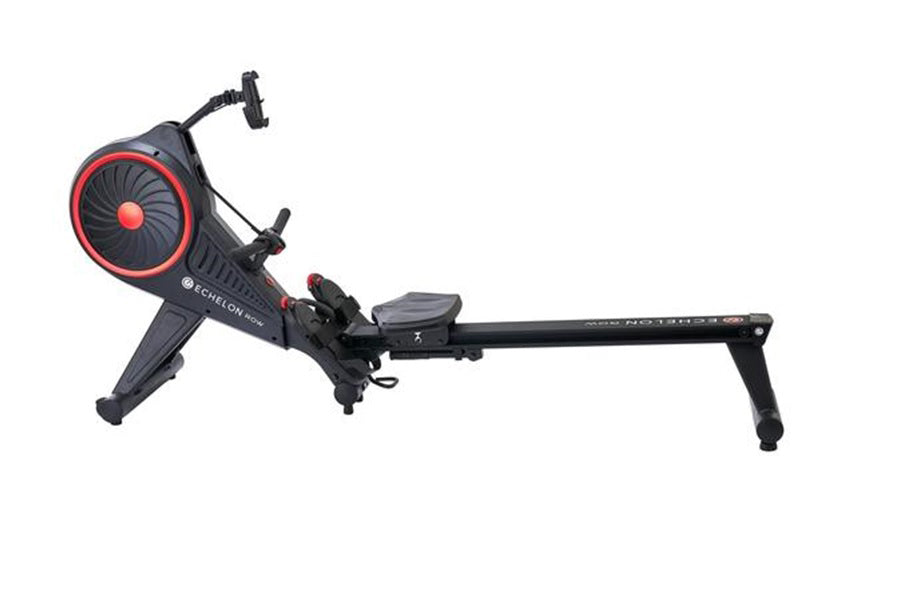Echelon Row connected rowing machine with black frame, red accents, and large red resistance wheel on white background