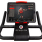 Black Echelon Connect Bike EX-3 with red accents, tablet mounted on handlebar displaying fitness class interface on white bac