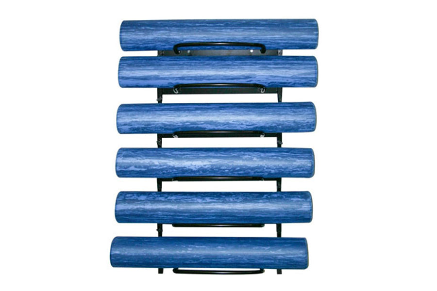 Blue foam roller wall rack with six horizontal cylindrical slots and black metal brackets, shown flat lay on white background