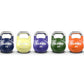 Eleiko Competition kettlebells in seven weights and colors: pink 8kg, navy 12kg, yellow 16kg, purple 20kg, green 24kg, orange