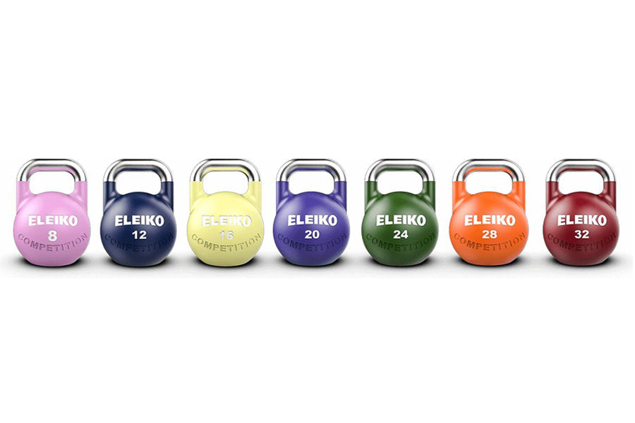 Eleiko Competition kettlebells in seven weights and colors: pink 8kg, navy 12kg, yellow 16kg, purple 20kg, green 24kg, orange