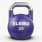 Eleiko Competition 20-kilogram purple kettlebell with stainless steel handle on white background