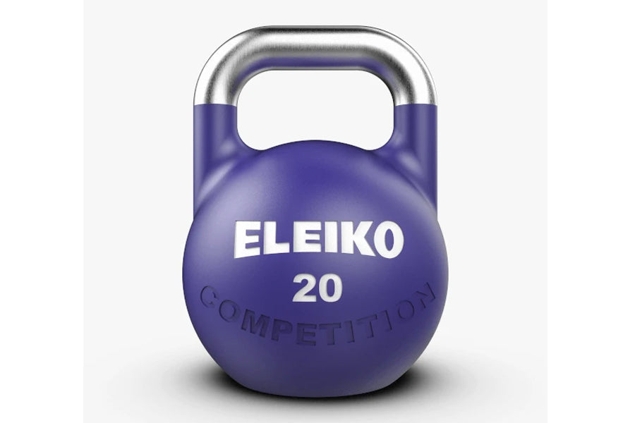 Eleiko Competition 20-kilogram purple kettlebell with stainless steel handle on white background