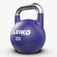 Eleiko 20 kg competition kettlebell with purple cast iron body and stainless steel handle on white background