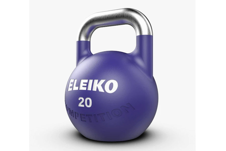 Eleiko 20 kg competition kettlebell with purple cast iron body and stainless steel handle on white background