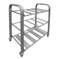 Metal foam roller rack with 4 horizontal shelves and locking caster wheels, isolated on white background