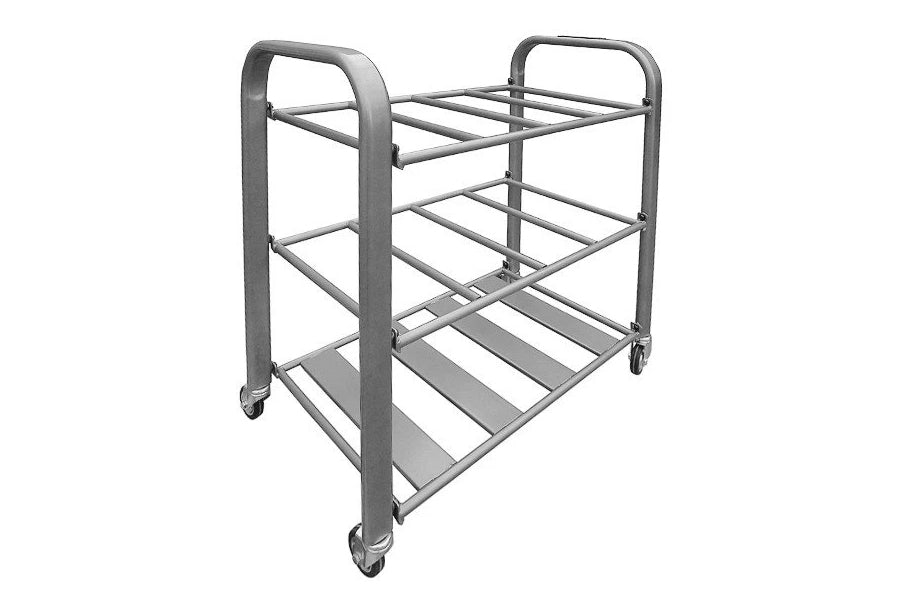 Metal foam roller rack with 4 horizontal shelves and locking caster wheels, isolated on white background