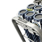 Metal rack holding four blue foam rollers with gray end caps, displayed on white background