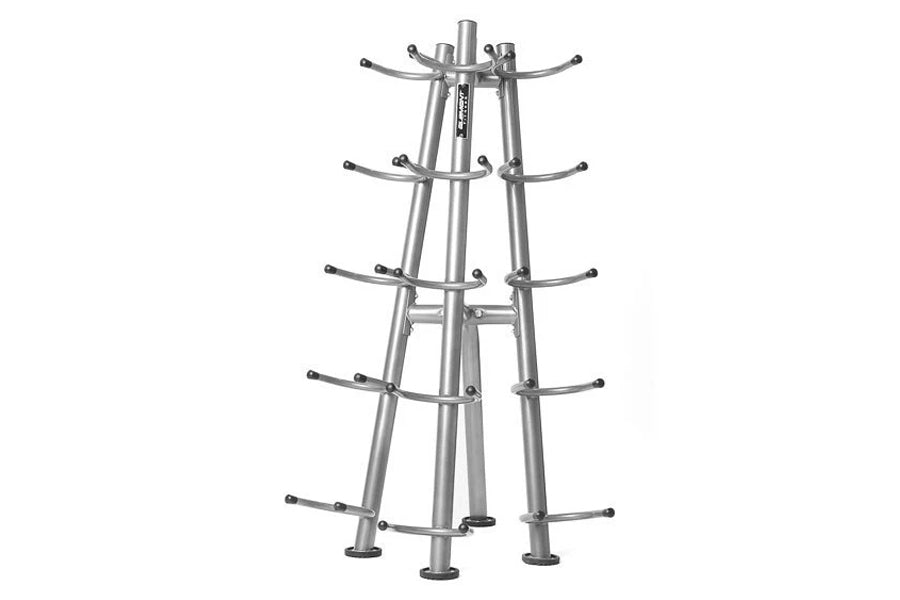Tall metal medicine ball rack with five curved tiers and black handles, silver finish, on white background