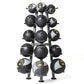 Element Fitness medicine ball rack with black textured balls in various weights displayed on metal stand against white backgr