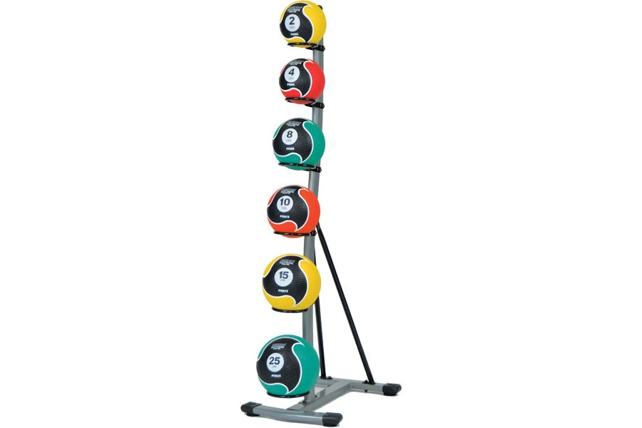 Warrior Elite O-Ring Medicine Ball Tree with six numbered medicine balls in yellow, red, and green on gray metal stand