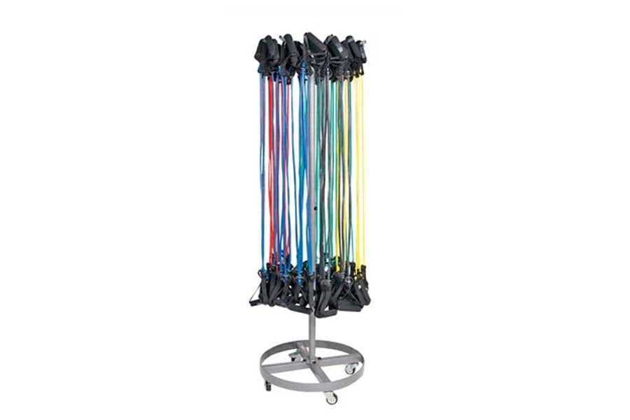 Warrior Elite weighted training rope set with multicolor cords in blue, teal, and yellow displayed on metal standing rack wit