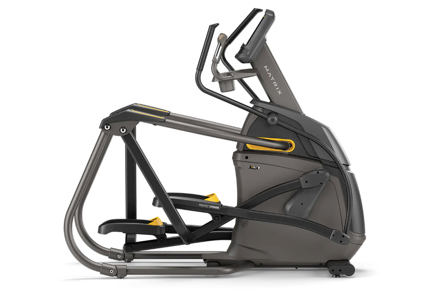 Black and gray elliptical trainer with yellow accents, dual handles, and foot pedals on white background