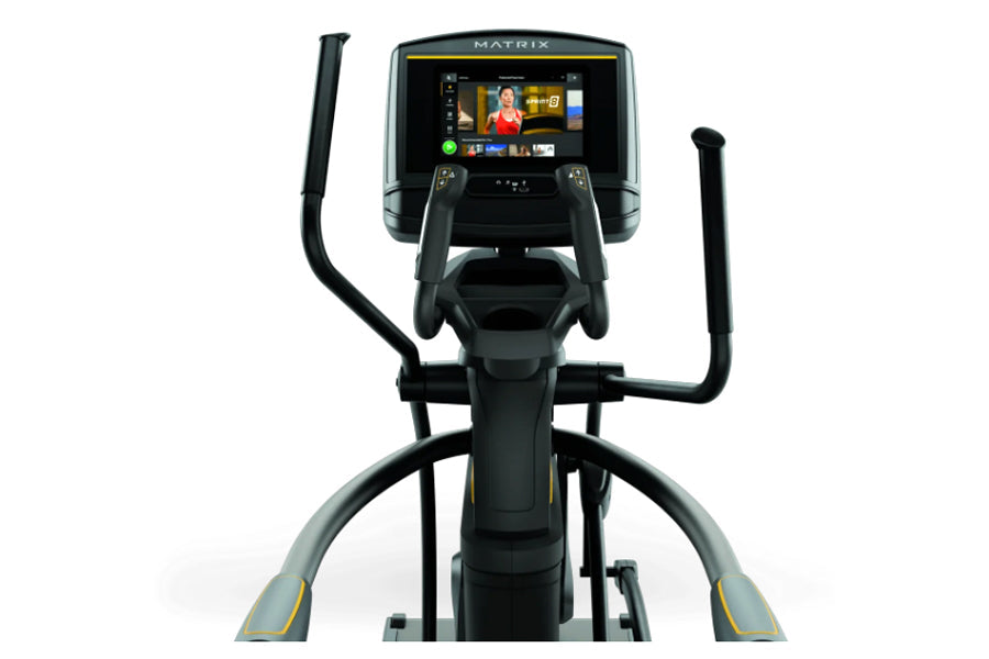 Matrix A30 elliptical trainer with black frame, dual handles, and touchscreen display showing workout interface on white back