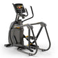 Black and gray elliptical trainer with yellow accents, digital touchscreen display, and dual moving handles on white backgrou