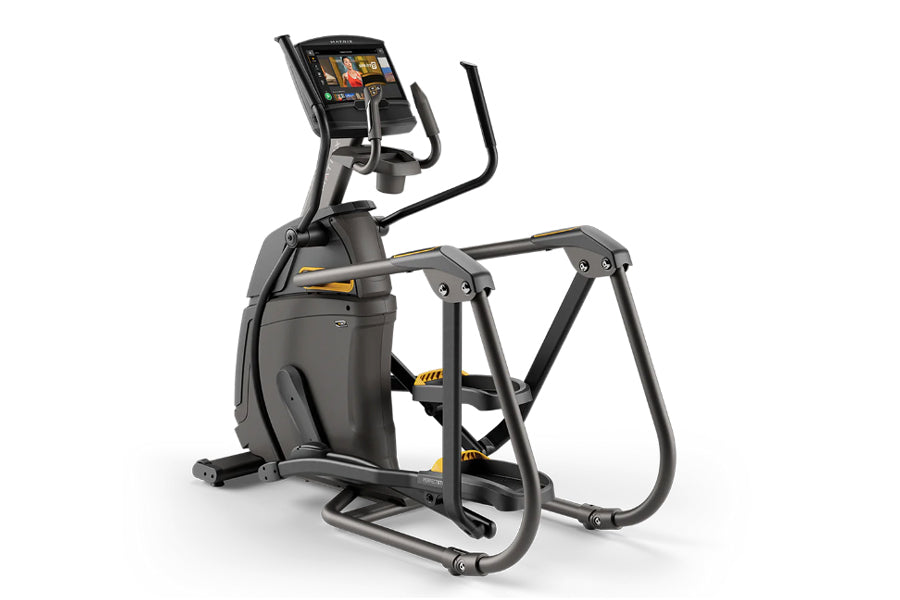 Black and gray elliptical trainer with yellow accents, digital touchscreen display, and dual moving handles on white backgrou