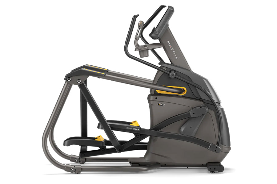 Black and gray elliptical trainer with yellow accents, adjustable handlebars, and pedals, on white background