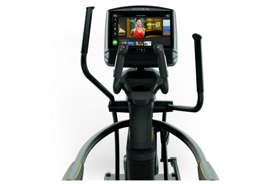 Matrix A30 Ascent Trainer elliptical with black frame, dual handles, footrests, and touchscreen display showing fitness conte