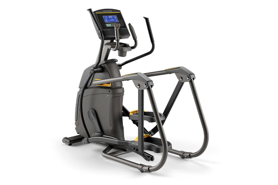 Black and gray elliptical machine with yellow accents, blue digital display console, and curved handlebars on white backgroun
