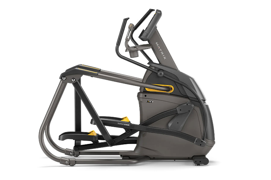 Matrix A30 elliptical trainer with black frame, gray accents, and yellow trim on white background