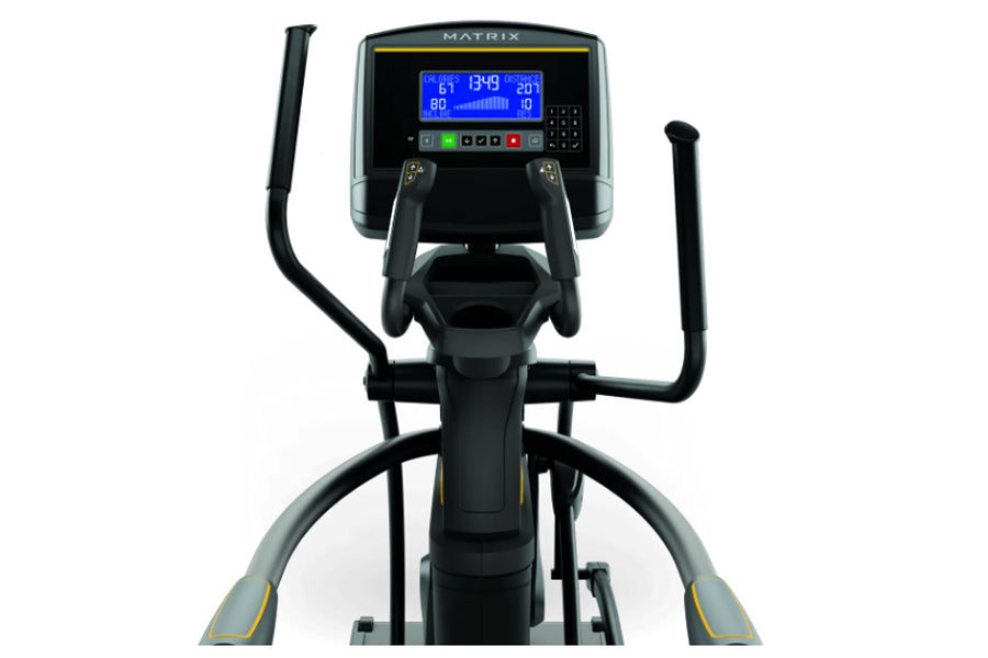Matrix A30 elliptical trainer with black frame, blue digital display console showing metrics, and dual handle bars on white b